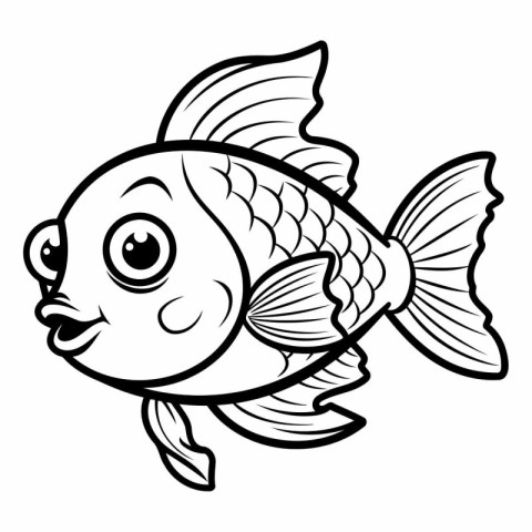 Black and White Cartoon Illustration of Cute Fish Animal Charact