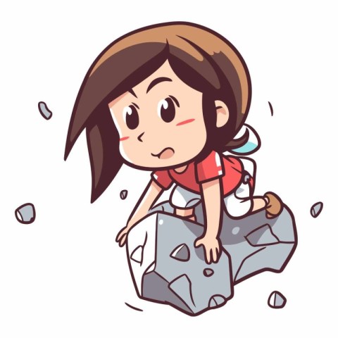 Girl sitting on a rock and looking up. Cartoon vector illustrati