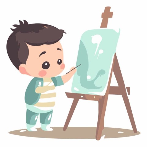 Cute little boy painting on easel. Vector cartoon illustration.