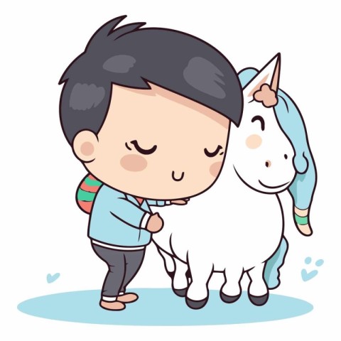 Cute little boy and white horse. Cute cartoon style.