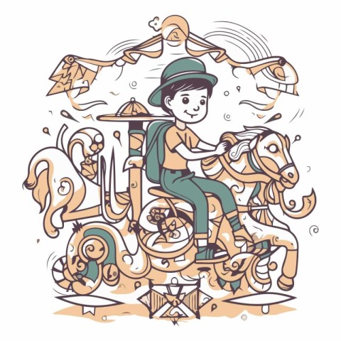 Vector illustration of a boy riding a toy horse and flying birds