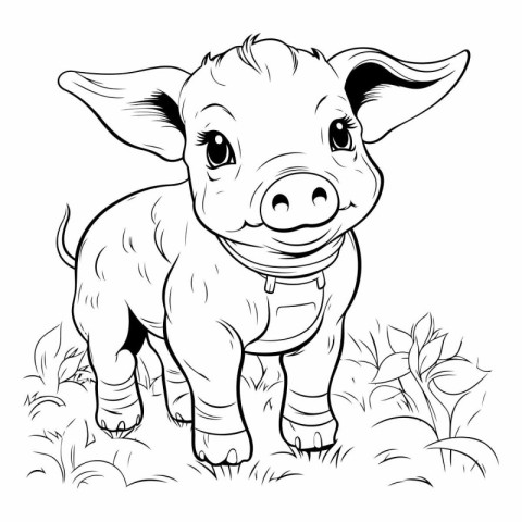 Black and White Cartoon Illustration of Cute Little Pig Farm Ani