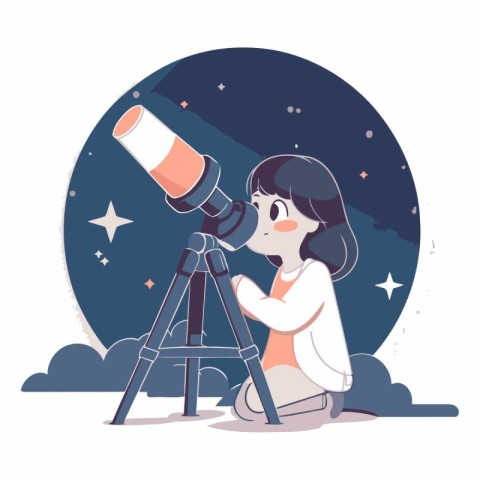 Girl looking through a telescope in flat style on white backgrou