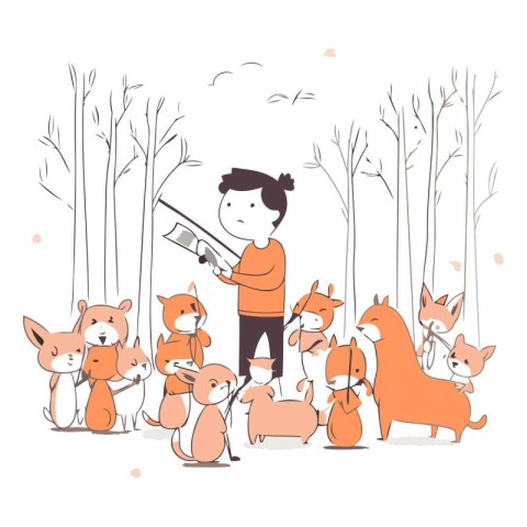 Vector illustration of a boy with dogs in the forest. Cute carto