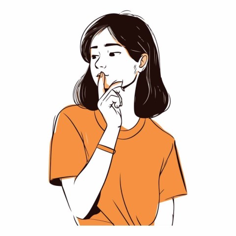 illustration of a young woman in orange t-shirt thinking about s