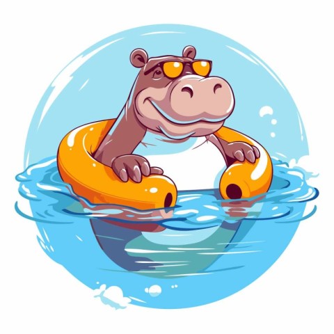 Hippopotamus swimming on inflatable ring.