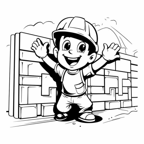 Cute Little Boy in Construction Site - Black and White Cartoon I