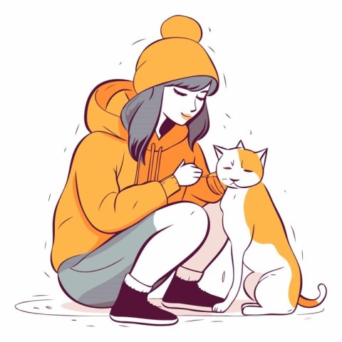 Girl in warm clothes with a cat of a girl with a pet.