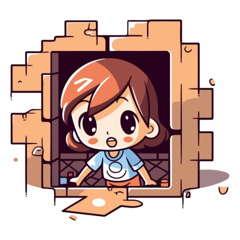 Little girl playing in the fireplace in cartoon style.