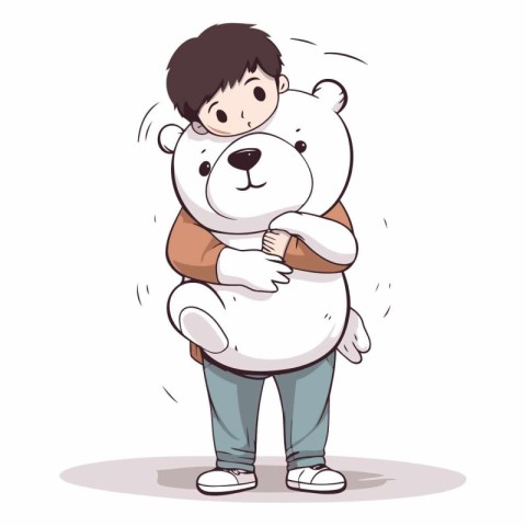 Cute little boy hugging a big white bear.