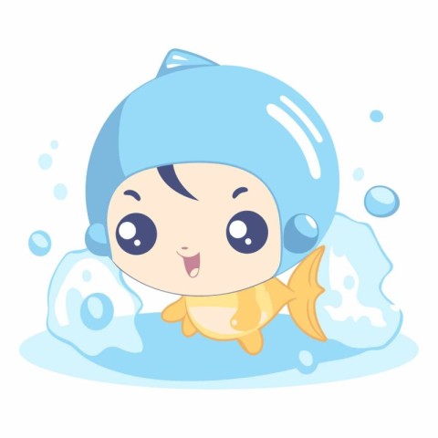 Cute cartoon baby boy swimming in the ice.