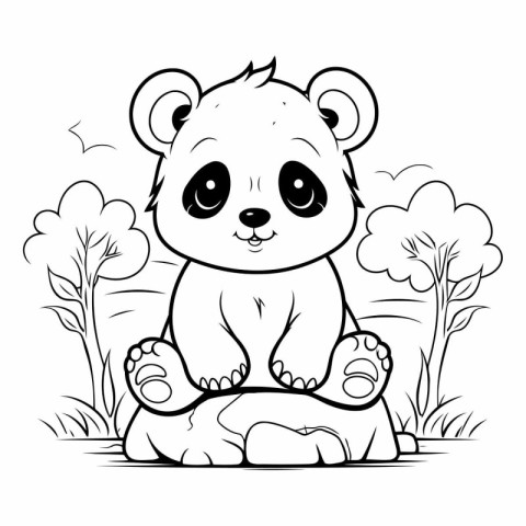 Cute panda sitting in the forest. Black and white vector illustr