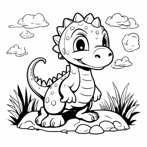 Cute Cartoon Dinosaur - Black and White Cartoon Illustration. Ve