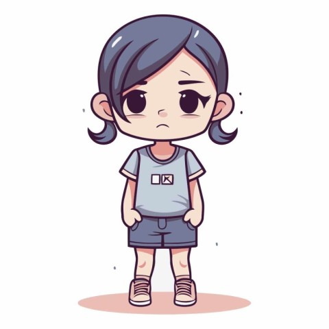 Cute little girl with sad expression in cartoon style.