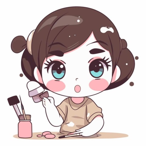 Illustration of a Cute Little Girl Applying Make-up