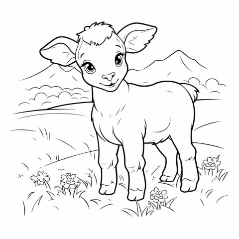 Coloring Page Outline Of a cute little calf on a meadow