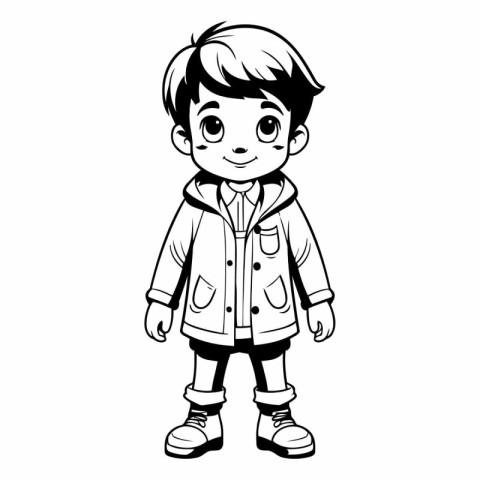 cute little boy wearing coat and boots over white background