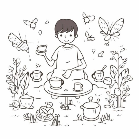 Little boy drinking tea in the garden. Hand drawn vector illustr