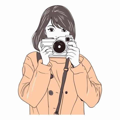 Young woman taking photo with vintage camera in sketch style.