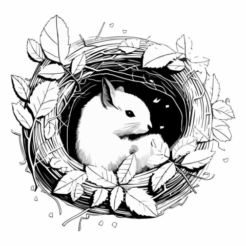 Rabbit in the nest. Black and white illustration. Vector.