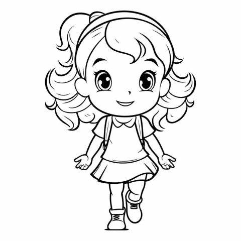 Black and White Cartoon Illustration of Cute Little Girl Charact