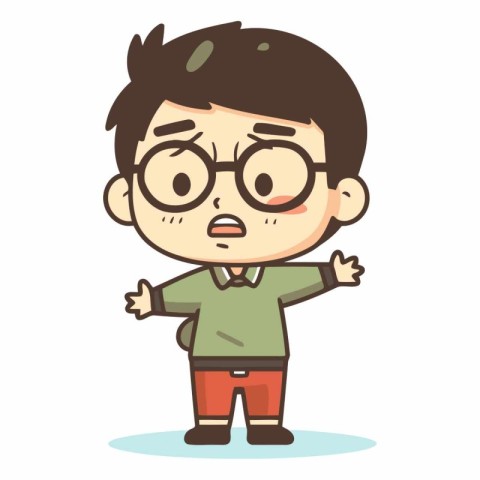 Upset boy with glasses cartoon vector illustration. Flat design.