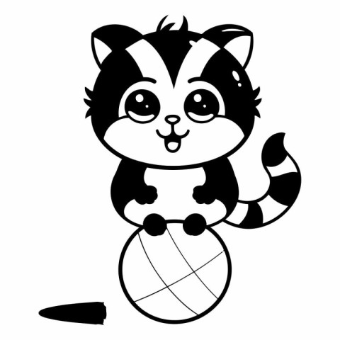 Cute cartoon cat playing with a ball. Black and white vector ill