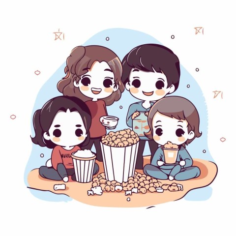 Illustration of a happy family eating popcorn and watching a mov