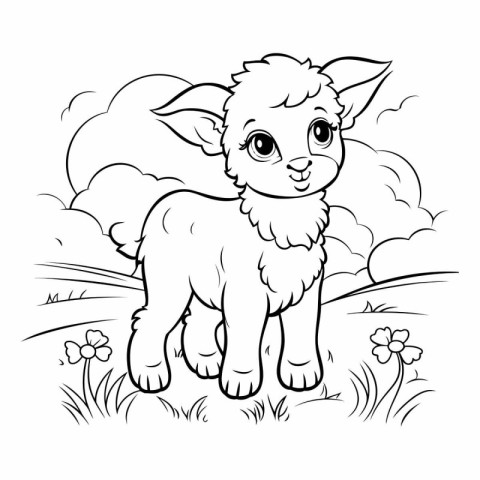 Cute little lamb standing in the grass. Black and white vector i