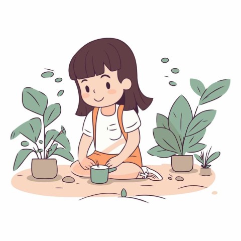 Cute little girl watering plants in the garden.