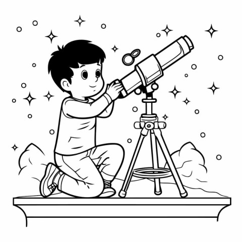 Boy looking through a telescope. Black and white vector illustra