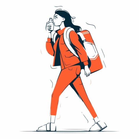 Vector illustration of a girl in a red suit with a backpack.