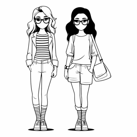 Fashion girls friends with casual clothes cartoon isolated vecto