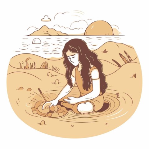 Vector illustration of a girl sitting on the beach and having a