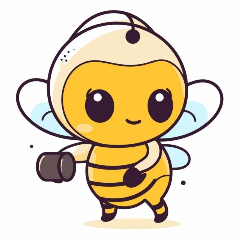 Cute cartoon bee holding a camera isolated on white background.