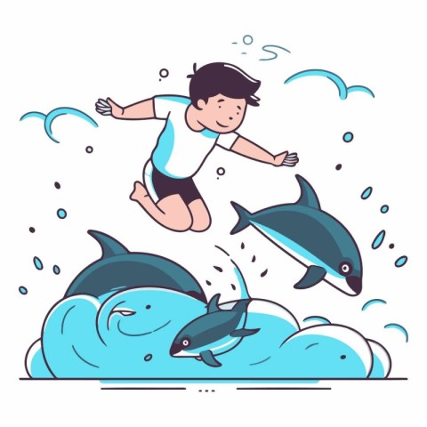 Little boy jumping with sharks in the ocean. Vector flat illustr