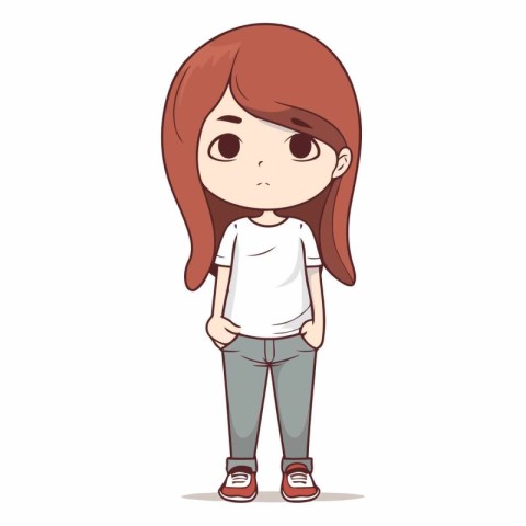 Cute little girl with long hair in cartoon style.