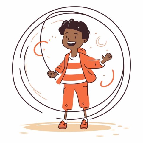 Happy little boy jumping rope in doodle style.