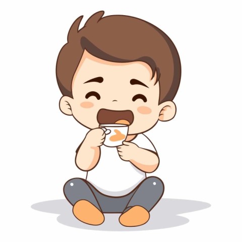 cute little boy eating a cup of coffee cartoon vector illustrati