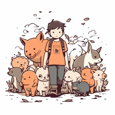 Vector illustration of a boy with a backpack and a group of dogs