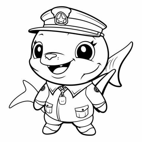 Black and White Cartoon Illustration of Cute Fish Policeman Char