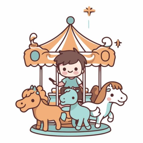 Cute little boy riding a merry-go-round.