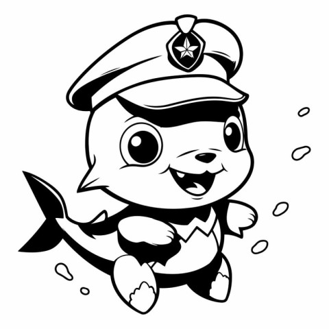 Black and White Cartoon Illustration of Cute Turtle Captain Char