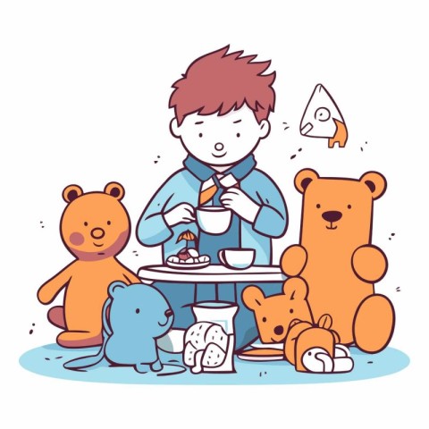 Boy eating cake with teddy bears in cartoon style.