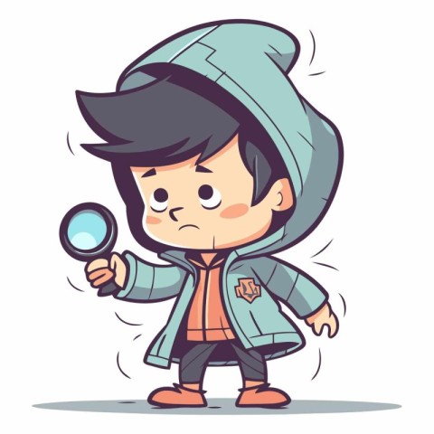 Boy in raincoat and hat looking through magnifying glass vector