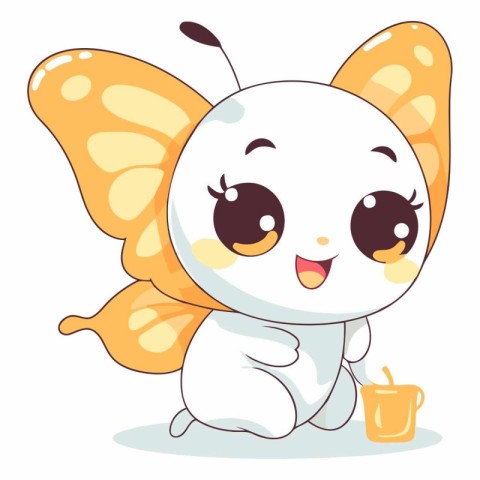 Butterfly sitting and drinking tea. Cute cartoon character.