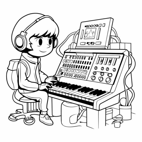 Boy playing the piano with headphones. Black and white vector il