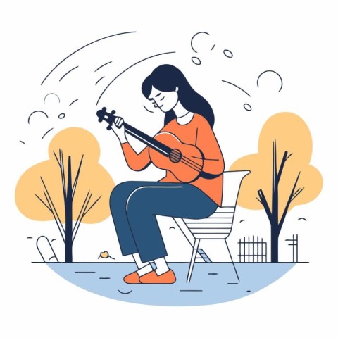 Woman playing the ukulele in the park. Flat vector illustration.