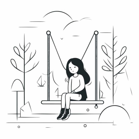 Girl sitting on a swing in the park in linear style.