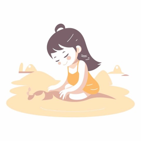 Cute little girl sitting on the sand in cartoon style.